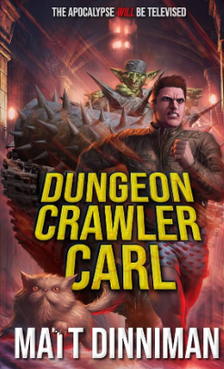 Book cover: a scarred, armored man grips a fireball beside a snarling armored dinosaur-like creature and a green alien face, with a grumpy long-haired cat in the foreground, under the tagline 'The apocalypse will be televised.'